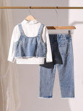 Girls' Denim Overalls With Sleeveless Shirt & Fringe Hem Pants 3-Piece Matching Set
